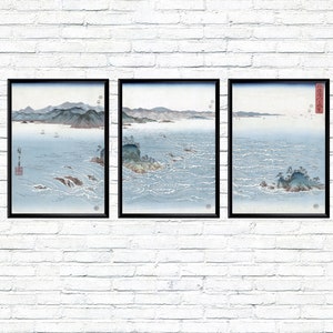 Marine Triptychon Nautische Drucke Japanische Landschaft Gemälde Vintage 3er Set Landschaft Drucke Japanisch Mond Großformat Alte Wandposter Bild 1