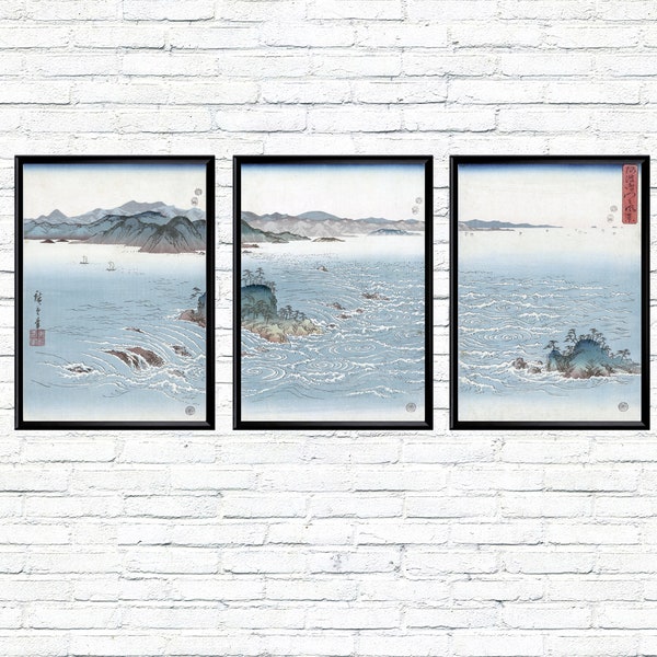 Triptyque marin, impressions marines, paysage marin japonais vintage, lot de 3 impressions de paysages, affiches murales anciennes grand format au clair de lune