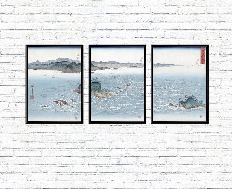 Marine Triptychon Nautische Drucke Japanische Landschaft Gemälde Vintage 3er Set Landschaft Drucke Japanisch Mond Großformat Alte Wandposter Bild 1