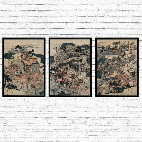 Samurai Art Triptych Battle Japanese Warriors Vintage Posters Set Of 3 Gift Idea For Him