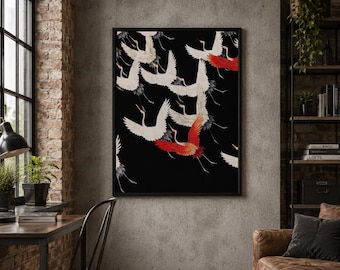 Japanese Crane Wall Art, Flying Crane Bird Print, Black Red Japanese Poster, Japandi Wall Decor