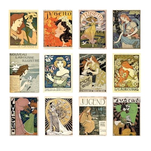 Jugendstil-postkaarten vintage tijdschriftomslagkunst, art-nouveauprint, set van 12, decoratieve kaarten in posterstijl voor verzamelaars en cadeaus