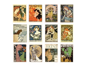 Jugendstil Postcards Vintage Magazine Cover Art, Art Nouveau Print Set of 12, Decorative Poster Style Cards for Collectors and Gifts