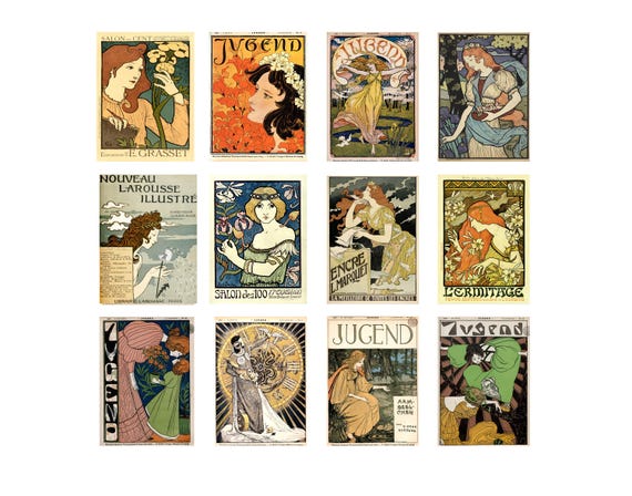 Jugendstil Postcards Vintage Magazine Cover Art, Art Nouveau Print Set of 12, Decorative Poster Style Cards for Collectors and Gifts