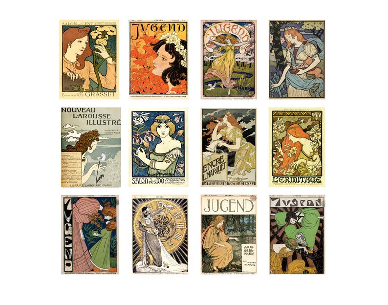 Set of 12 Jugendstil postcards featuring reprints of Art Nouveau illustrations and Jugend magazine covers, ideal for decor or gifting