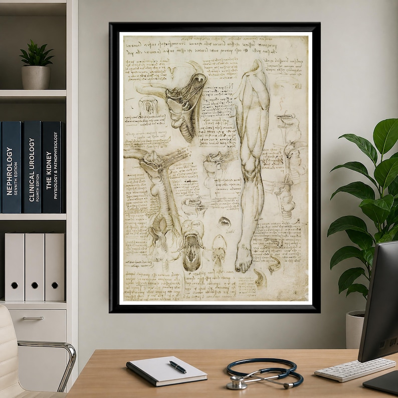 Leonardo Da Vinci anatomy poster set featuring detailed vintage sketches of the human body, perfect for medical or educational wall decor.