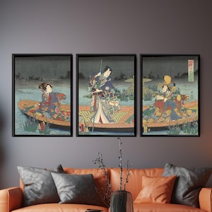 Vintage Japanese Triptych by Kunisada Utagawa, Night Boat Ride Woodblock Reproduction, Antique Ukiyo-e Poster Set, Asian Wall Art Print