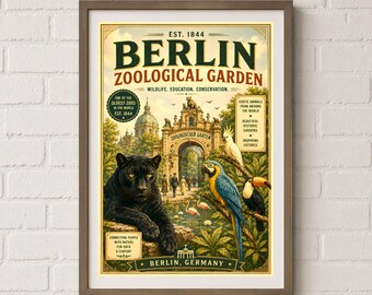 Vintage Zoo Poster, Berlin Animal Wall Art, Black Panther Tropical Birds Print, Retro Travel Decor