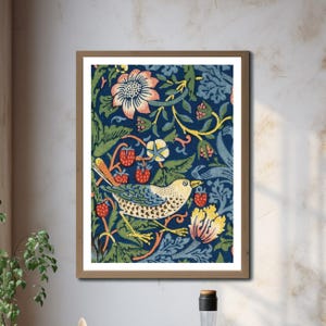 Strawberry Thief Poster William Morris Print, Vintage Blue Bird Wall Art, Art Nouveau Botanical Floral Decor, Bird and Berry Print for Home