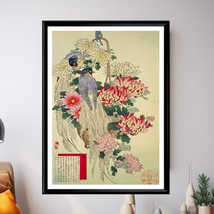 Vintage Japanese Pheasants Art Print by Kono Bairei, 19th Century Bird and Flower Wall Decor, Oriental Nature Poster for Asian Style Homes