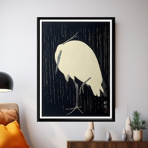 Japanese Heron Poster, Ohara Koson White Bird Print, Vintage Bird Wall Art, Black and White Japanese Poster, Minimalist Nature Art Print