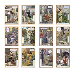 Vintage Franse kalender wordt afgedrukt ansichtkaartenset, 12 maandafdrukken art nouveau, decoratieve kunst aan de muur, collectie vintage ansichtkaarten, cadeau voor haar