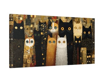 Lienzo panorámico con gatos al estilo Klimt, mosaico dorado Art Déco para pared, regalo para enamorados.