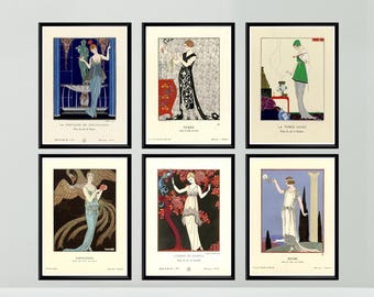 Set de 6 láminas Art Déco de George Barbier, arte mural de moda de los años 20, ilustraciones francesas vintage, elegantes pósteres para decoración de boutiques o dormitorios.