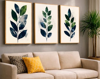 Arte de pared imprimible con ramas botánicas en azul y verde, impresión minimalista de plantas escandinavas, decoración moderna y tranquila, descarga digital