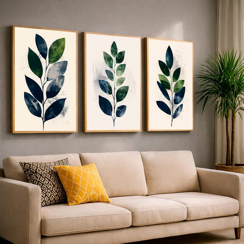 Blue Green Botanical Branch Printable Wall Art, Minimalist Scandinavian ...
