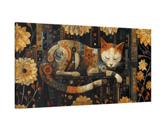 Decoración de pared con mosaico floral Art Nouveau de gato durmiendo al estilo Klimt, obra de arte vintage dorada enmarcada.