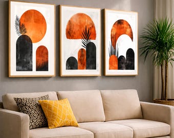 Juego de 3 impresiones minimalistas de arte de pared, con estampados geométricos orgánicos, decoración abstracta naranja y negra imprimible.