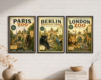 Vintage Zoo Posters Set of 3, European Travel Prints, Paris Berlin London Wall Art, Retro Wildlife Decor