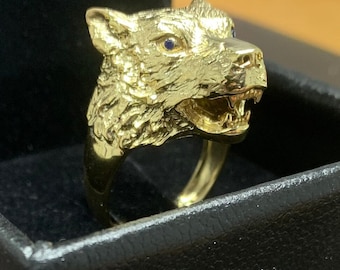 14K Solid Gold Alfa Wolf Ring Sapphire Eye Wolf Signet Ring Men Gift for Men Ruby Eye Wolf