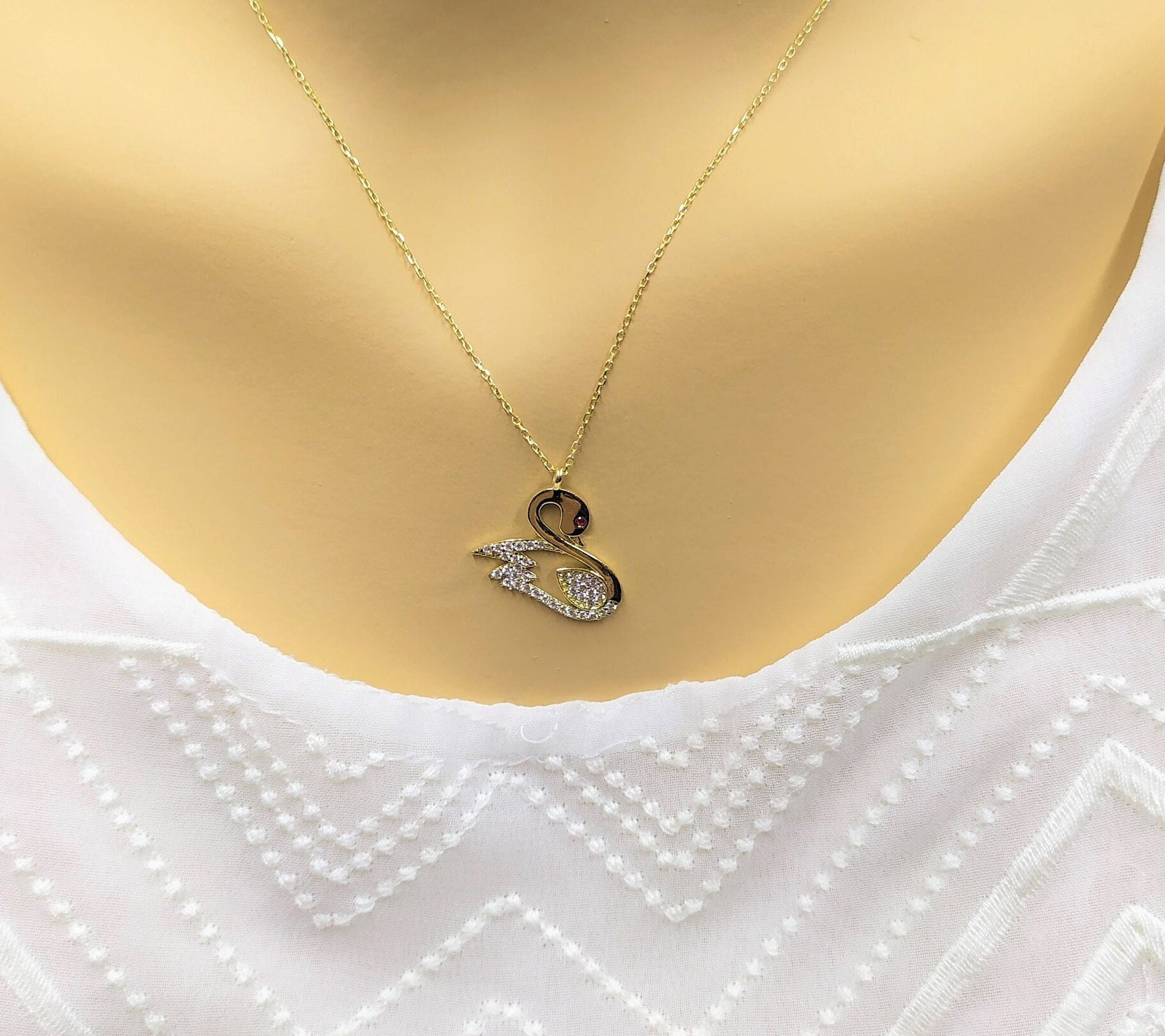 14k Swan Necklace Gold Swan Pendant 