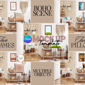 May include: A digital mockup template featuring a boho-style living room with two frames, two pillows, and a variety of decorative elements. The template is perfect for showcasing artwork, photography, or other designs.
