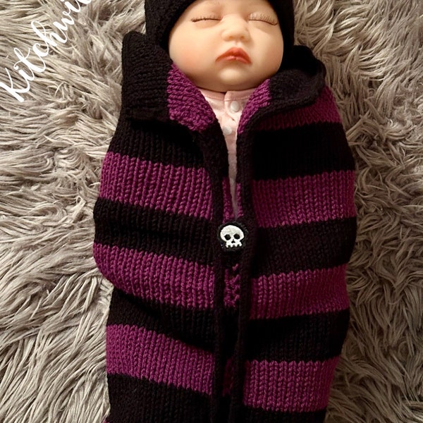 Newborn Baby Knitted  Hat & Cocoon/ Sleeping Bag Set, Baby Gift, Handmade, Soft Acrylic Wool, Goth, Baby Goth, Skulls, Gift Wrapped, Vegan