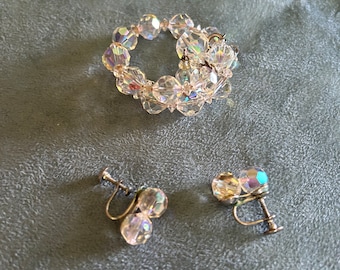 Vintage 1950s AB Crystal Bracelet and Earrings Set
