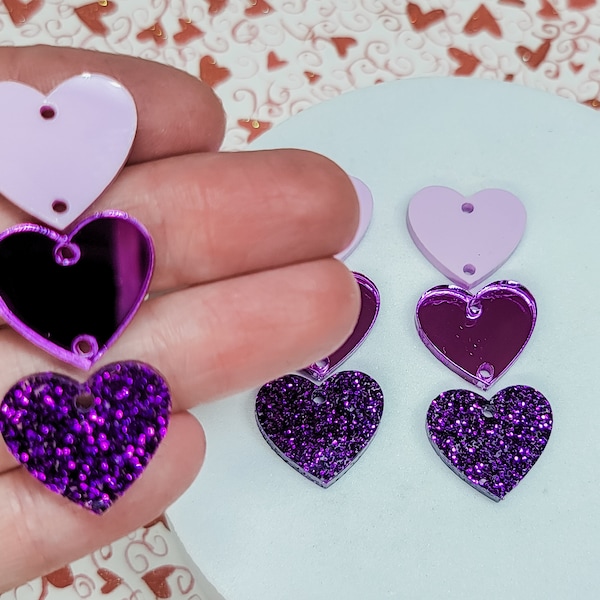 Purple Stacked Heart Earring, Jewelry Blanks, Earring Charm, Valentine's Day Jewelry, Jewelry Making Supply, Heart Acrylic Earrings