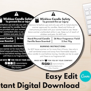 Editable Wickless Candle Safety Label Template with Canva, Digital Download, 1.5&quot; 2&quot; 3&quot; Circle Packaging Label, DIY Custom Candle Sticker
