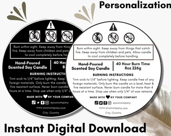 Editable Candle Warning Label Template with Canva, Digital Download, 1.5" 2" 3" Circle Safety Label, Round Packaging Label, B&W Label