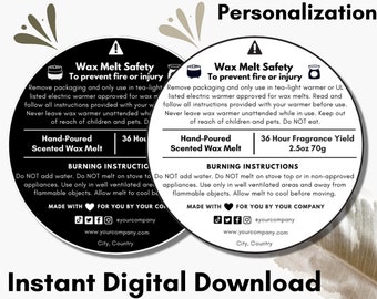 Editable Wax Melt Safety Black Label Template Bundle with Canva, Digital Download, 1.5" 2" 3" Circle Packaging Label, Wax Melt Instruction
