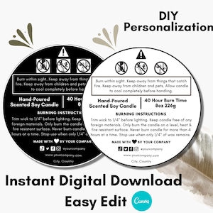 Editable Candle Warning Label Template with Canva, Digital Download, 1.5&quot; 2&quot; 3&quot; Circle Safety Label, Round Packaging Label, B&W Label