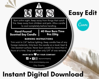 Editable Candle Warning Label Template with Canva, Round Packaging Label, Digital Download, 1.5" 2" 3" Circle Safety Label, Black Label