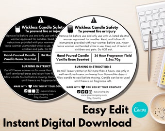 Editable Wickless Candle Safety Label Template with Canva, Digital Download, 1.5&quot; 2&quot; 3&quot; Circle Packaging Label, DIY Custom Candle Sticker