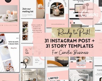 Instagram Post Story Template for Candle Business, 31 Candle IG Story and 31 Post Templates, Canva Templates, Candle Social Media Posts, v1