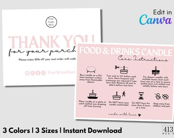 Food Candle Care Card Template, Drink Candle Care, Dessert Candle Editable Care Instruction, Candle Thank You Card, Small Business Insert v1