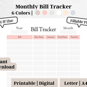 Monthly Bill Tracker, Fillable PDF, Budget Planning, Bill Organizer, Bill Payment Checklist, Bill Log Template, Digital Download, #1