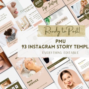 PMU Permanent Makeup Instagram Story Templates, 93 Editable PMU Social Media Posts, Free Animated Story Templates, Microblading Brow Lip, v1
