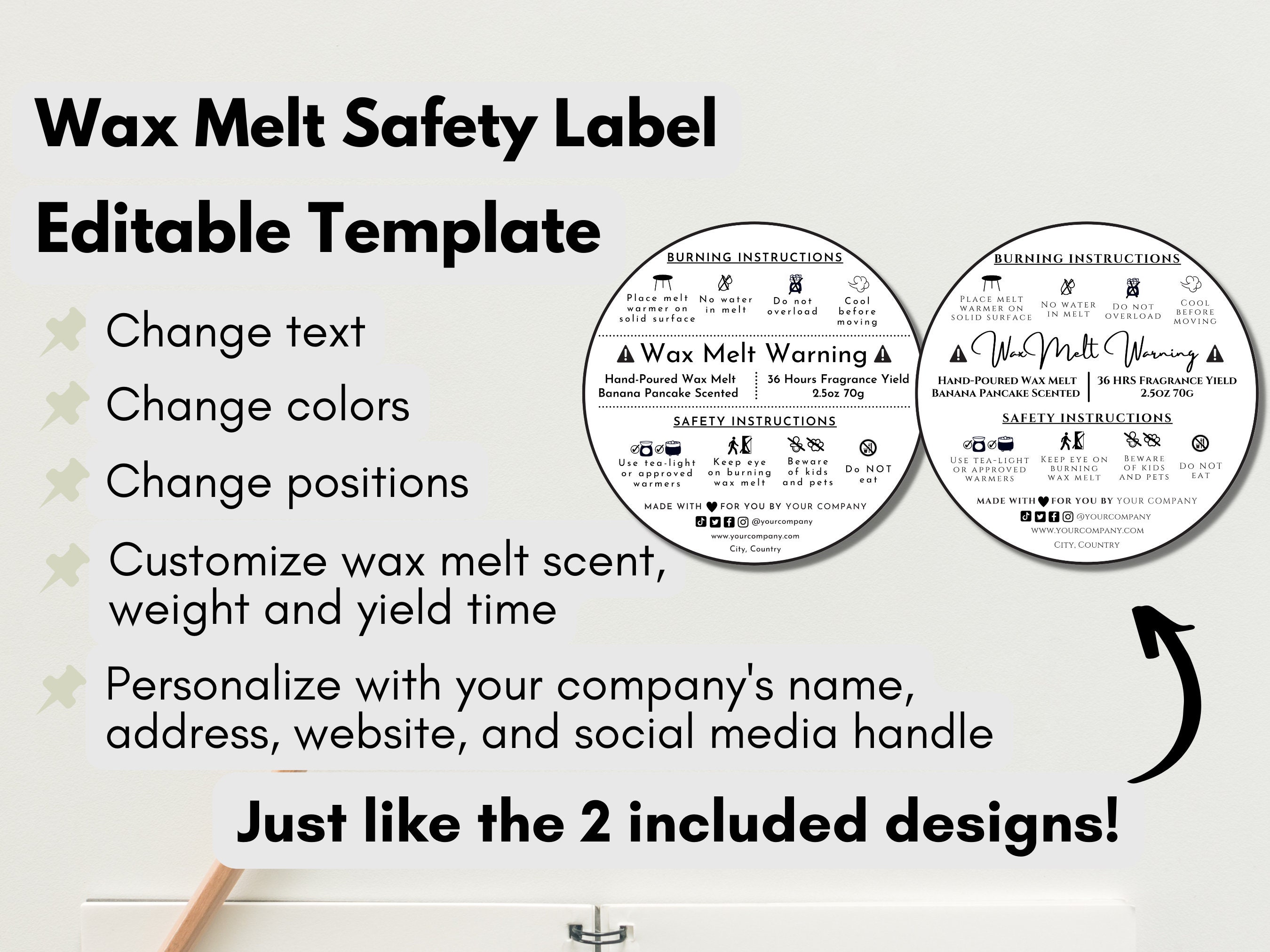 Editable Wax Melt Safety Label Template With Canva, Digital Download, White Round Packaging