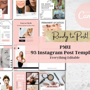 Permanent Makeup Instagram Post Templates, 93 Editable PMU Social Media Posts, PMU After Care Social Media Posts, Microblading Brow v3