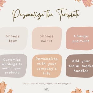 May include: A graphic with a floral design and text that says "Personalize the Template". The graphic has six boxes with instructions on how to personalize the template. The instructions include changing the text, colors, and positions of the elements. It also includes customizing the wording to match products, personalizing with company information, and adding social media handles.