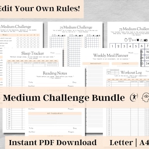Editable 75 Medium Challenge Tracker, Habit Tracker, 75 Medium Planner, Meal Planner, Digital Download, Body Mind Spirit Wellness, v6