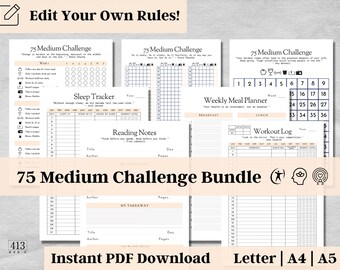 Editable 75 Medium Challenge Tracker, Habit Tracker, 75 Medium Planner, Meal Planner, Digital Download, Body Mind Spirit Wellness, v6