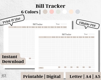 Editable Bill Tracker, Monthly Bill Organizer, Yearly Bill Payment Checklist, Bill Log Template, Digital Download, Fillable PDF, #2