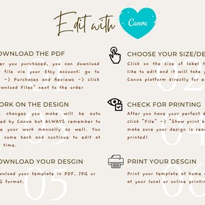 May include: A graphic with instructions on how to edit and print a design using Canva. The graphic features a blue heart with the word "Canva" inside, and six steps with icons and text. The steps are: Download the PDF, Work on the Design, Download Your Design, Choose Your Size/Design, Check for Printing, and Print Your Design.