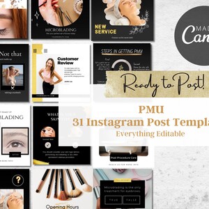 PMU Instagram Post Templates, Permanent Makeup Social Media Post, 31 Editable PMU Instagram Templates, PMU After Care, Microblading Brow v4