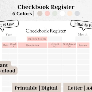 Bewerkbaar chequeboekregister, afdrukbaar transactielogboek, chequeregister, financieel planner, geldtracker, A4 A5-brief, directe download, # 7