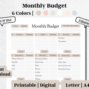 Monthly Budget Planner, Editable Monthly Bills Tracker, Printable, Finance Planner, US Letter, A4, A5, Instant Download, #14
