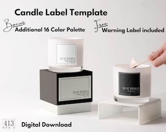 May include: Candle label template with two white candles, one lit, with black and white labels that say "Olive Rosalie" and "Brand Name Here". The image also includes a black and white warning label and a text overlay that says "Bonus Additional 16 Color Palette" and "Free Warning Label Included".